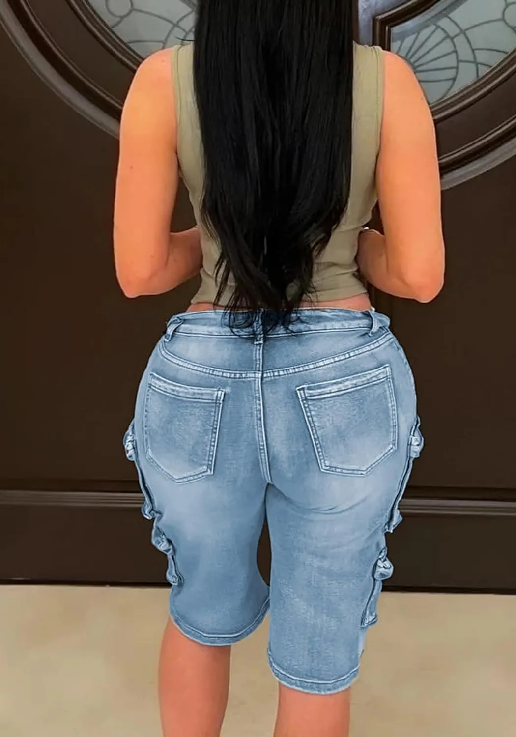 Vakkest Women's High Waisted Denim Cargo Shorts Bermuda Straight Leg Casual Summer Long Jean Shorts with Pockets