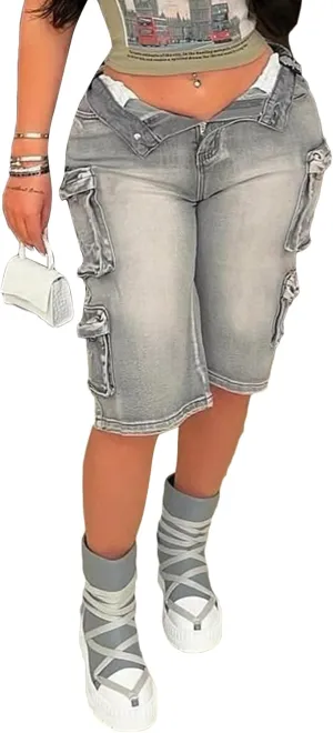 Vakkest Women's High Waisted Denim Cargo Shorts Bermuda Straight Leg Casual Summer Long Jean Shorts with Pockets
