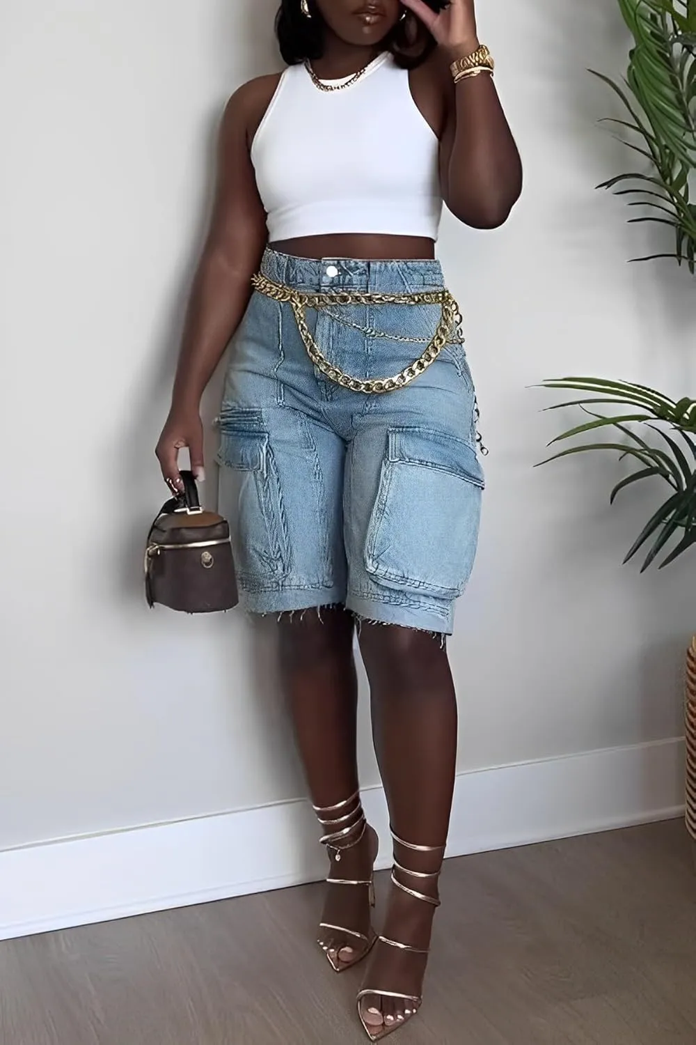 Vakkest Women's High Waisted Denim Cargo Shorts Bermuda Straight Leg Casual Summer Long Jean Shorts with Pockets