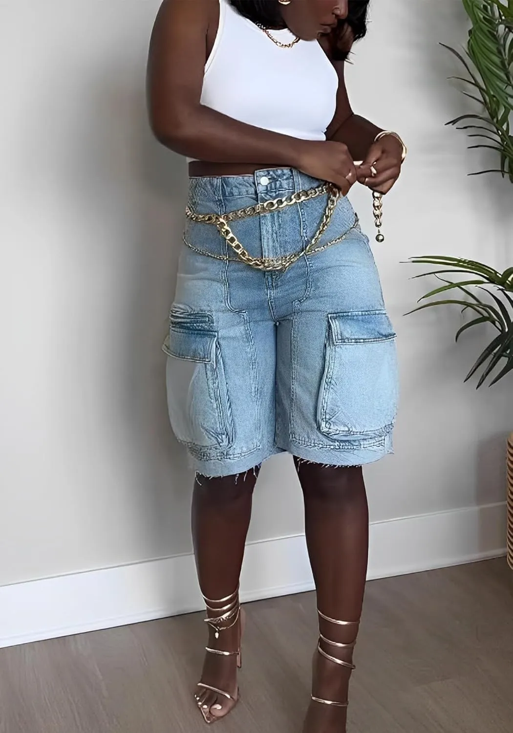 Vakkest Women's High Waisted Denim Cargo Shorts Bermuda Straight Leg Casual Summer Long Jean Shorts with Pockets