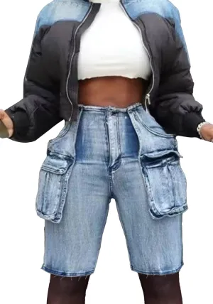 Vakkest Women's High Waisted Denim Cargo Shorts Bermuda Straight Leg Casual Summer Long Jean Shorts with Pockets