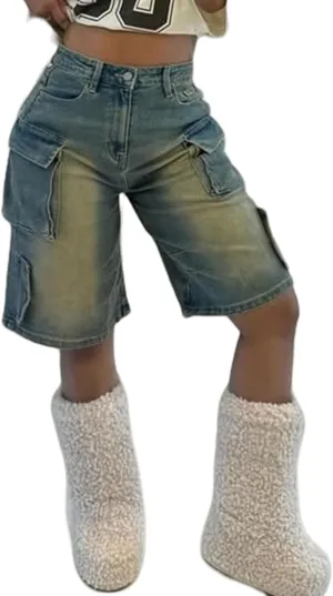 Vakkest Women's High Waisted Denim Cargo Shorts Bermuda Straight Leg Casual Summer Long Jean Shorts with Pockets