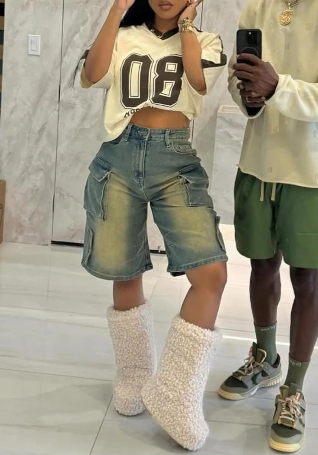 Vakkest Women's High Waisted Denim Cargo Shorts Bermuda Straight Leg Casual Summer Long Jean Shorts with Pockets