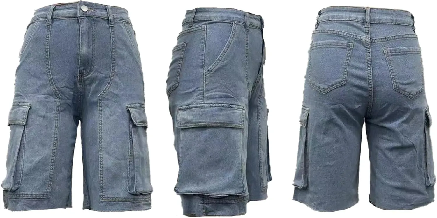 Vakkest Women's High Waisted Denim Cargo Shorts Bermuda Straight Leg Casual Summer Long Jean Shorts with Pockets