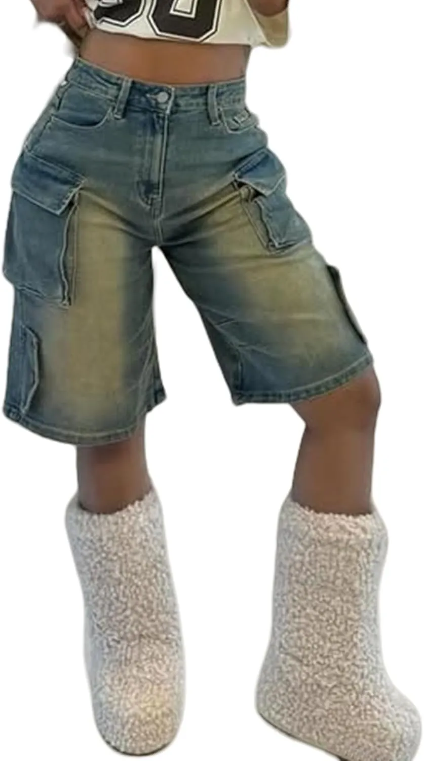 Vakkest Women's High Waisted Denim Cargo Shorts Bermuda Straight Leg Casual Summer Long Jean Shorts with Pockets