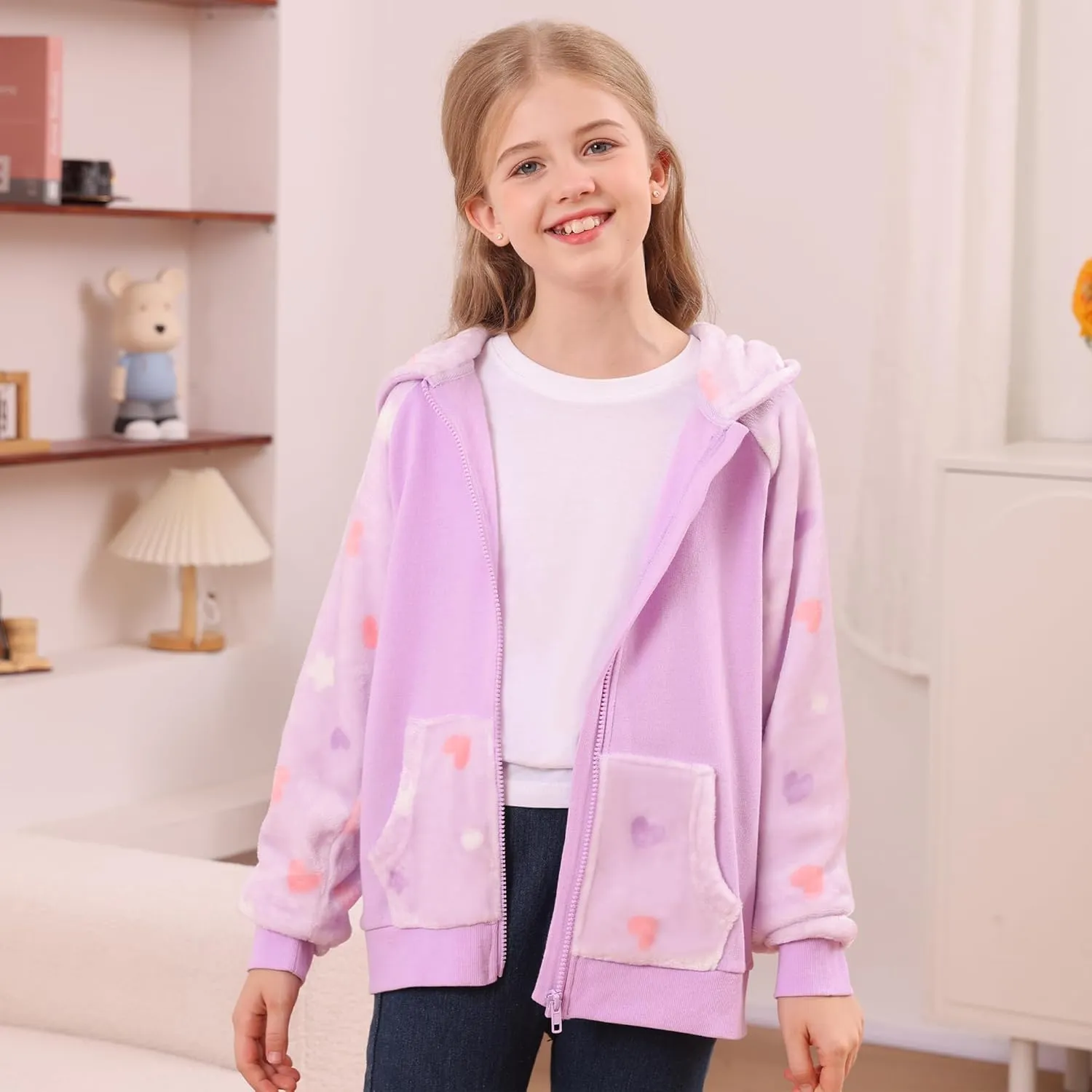 V.&GRIN Girl Zip up Hoodie Sweatshirt Soft Fuzzy Fleece Jacket with Pocket for Girls 5-16 Years