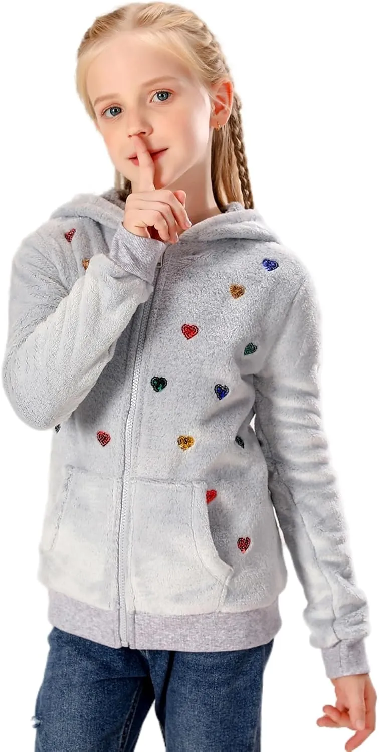 V.&GRIN Girl Zip up Hoodie Sweatshirt Soft Fuzzy Fleece Jacket with Pocket for Girls 5-16 Years