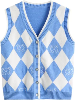 Verdusa Girl's Sweater Vest Fall Outfits Button Down Checked Sleeveless Knitwear Cute Cardigan Tops