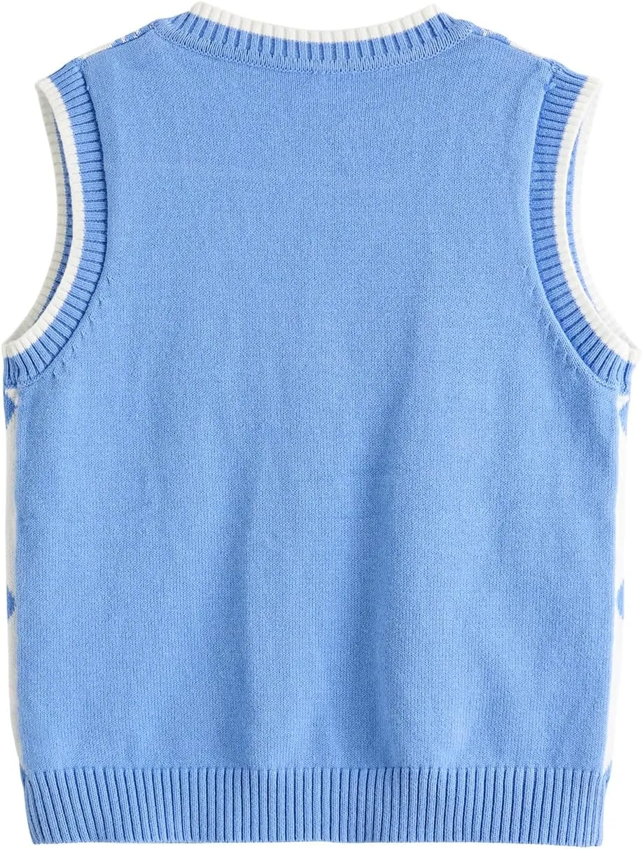 Verdusa Girl's Sweater Vest Fall Outfits Button Down Checked Sleeveless Knitwear Cute Cardigan Tops