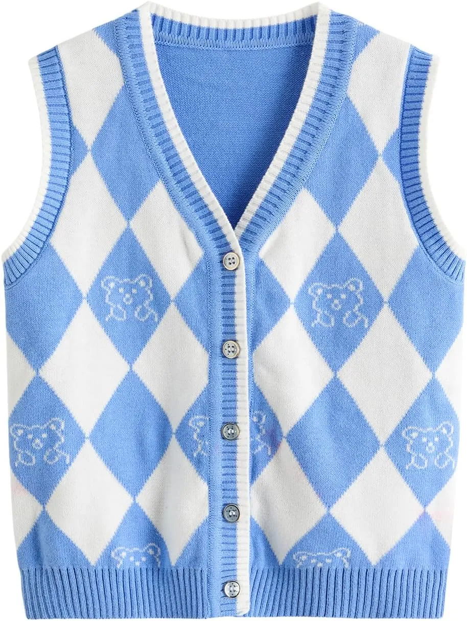 Verdusa Girl's Sweater Vest Fall Outfits Button Down Checked Sleeveless Knitwear Cute Cardigan Tops