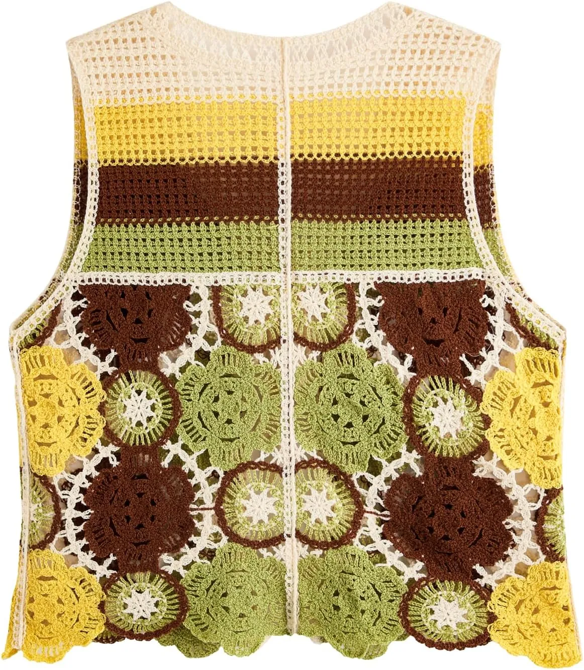 Verdusa Women's Boho Floral Crochet Sweater Vest Tie Front Knitted Sleeveless Cardigan