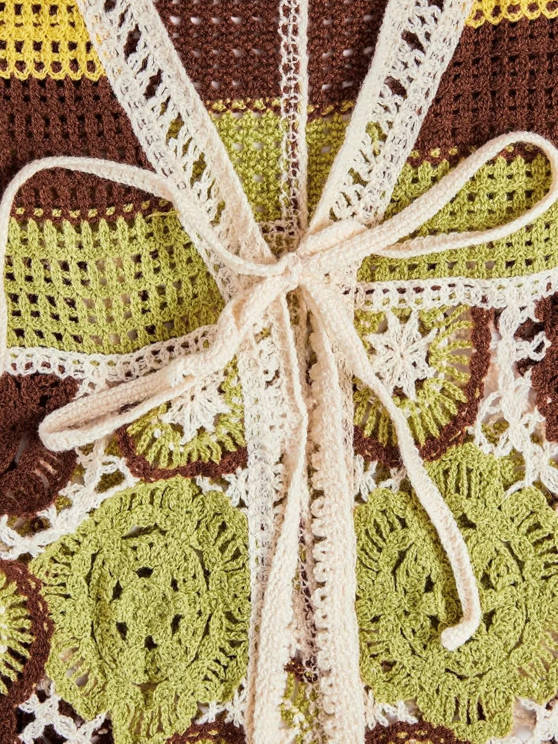 Verdusa Women's Boho Floral Crochet Sweater Vest Tie Front Knitted Sleeveless Cardigan