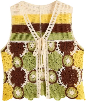 Verdusa Women's Boho Floral Crochet Sweater Vest Tie Front Knitted Sleeveless Cardigan