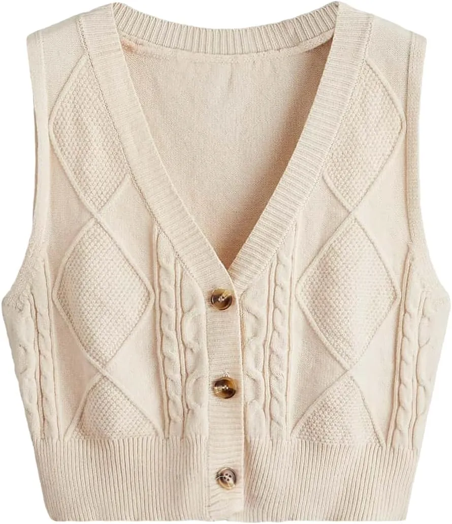 Verdusa Women's Button Up Sleeveless Sweater Vest Cable Knit Crop Top Outerwear