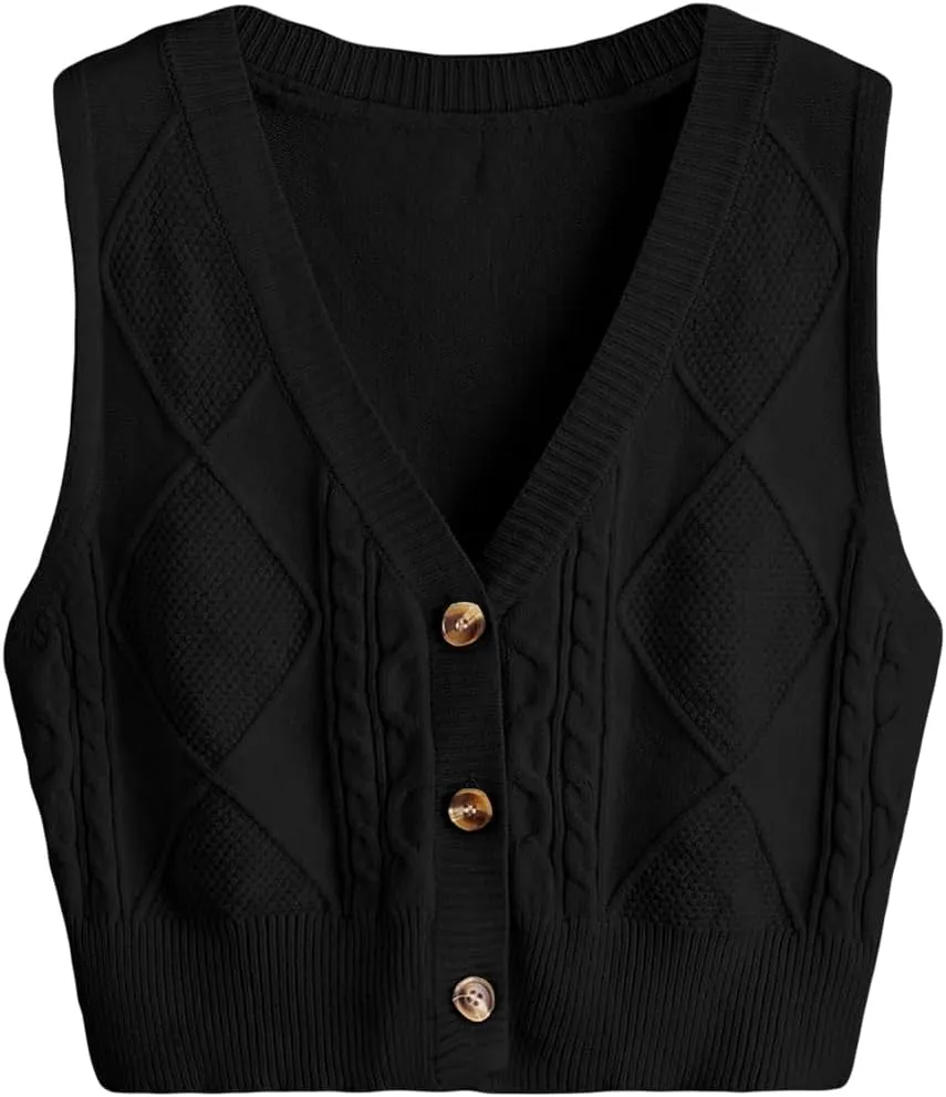 Verdusa Women's Button Up Sleeveless Sweater Vest Cable Knit Crop Top Outerwear