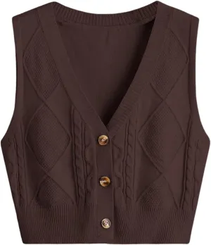 Verdusa Women's Button Up Sleeveless Sweater Vest Cable Knit Crop Top Outerwear