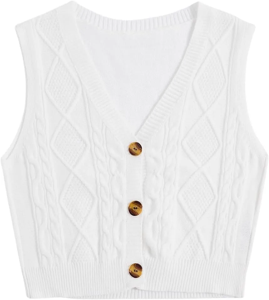 Verdusa Women's Button Up Sleeveless Sweater Vest Cable Knit Crop Top Outerwear