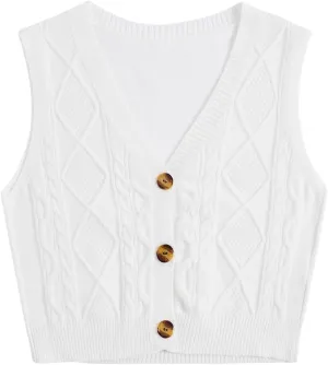Verdusa Women's Button Up Sleeveless Sweater Vest Cable Knit Crop Top Outerwear