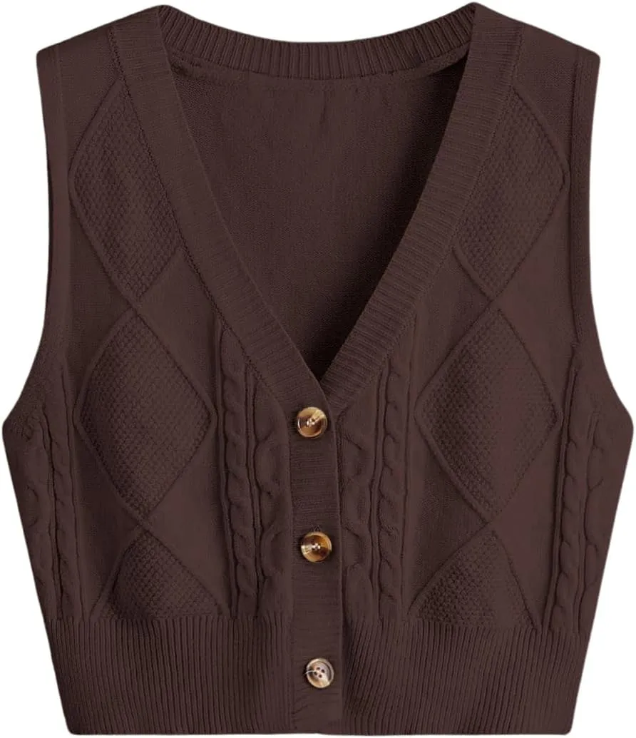 Verdusa Women's Button Up Sleeveless Sweater Vest Cable Knit Crop Top Outerwear