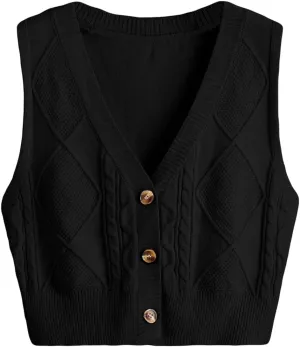 Verdusa Women's Button Up Sleeveless Sweater Vest Cable Knit Crop Top Outerwear