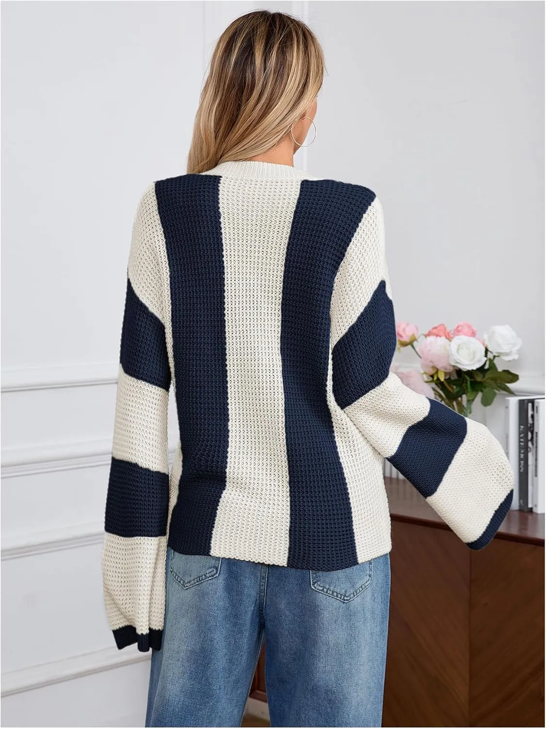 Verdusa Women's Colorblock Drop Shoulder Button Front Bell Sleeve Knitted Cardigan Sweater