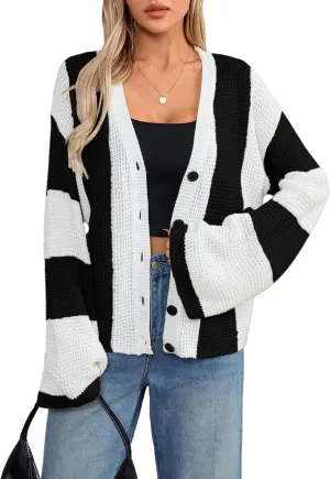 Verdusa Women's Colorblock Drop Shoulder Button Front Bell Sleeve Knitted Cardigan Sweater