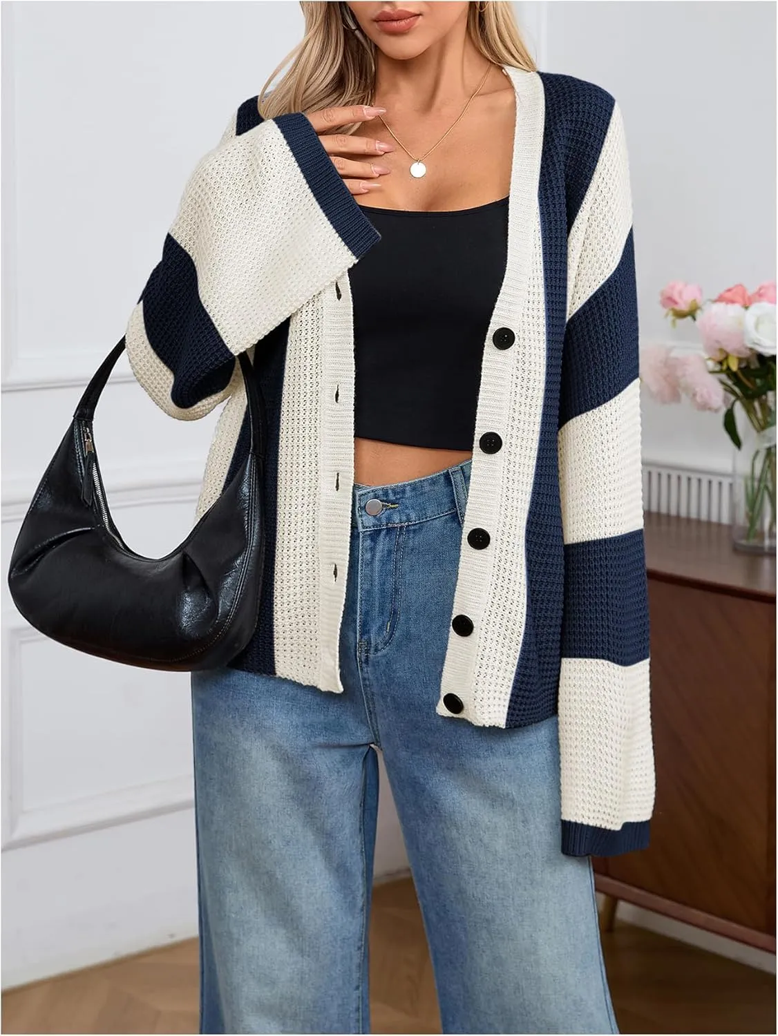 Verdusa Women's Colorblock Drop Shoulder Button Front Bell Sleeve Knitted Cardigan Sweater