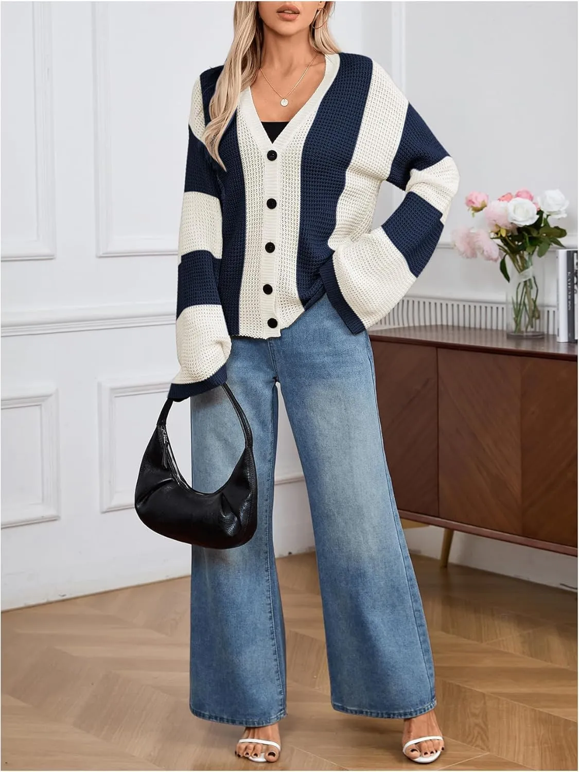 Verdusa Women's Colorblock Drop Shoulder Button Front Bell Sleeve Knitted Cardigan Sweater
