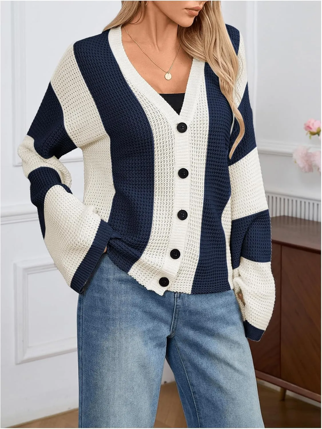 Verdusa Women's Colorblock Drop Shoulder Button Front Bell Sleeve Knitted Cardigan Sweater