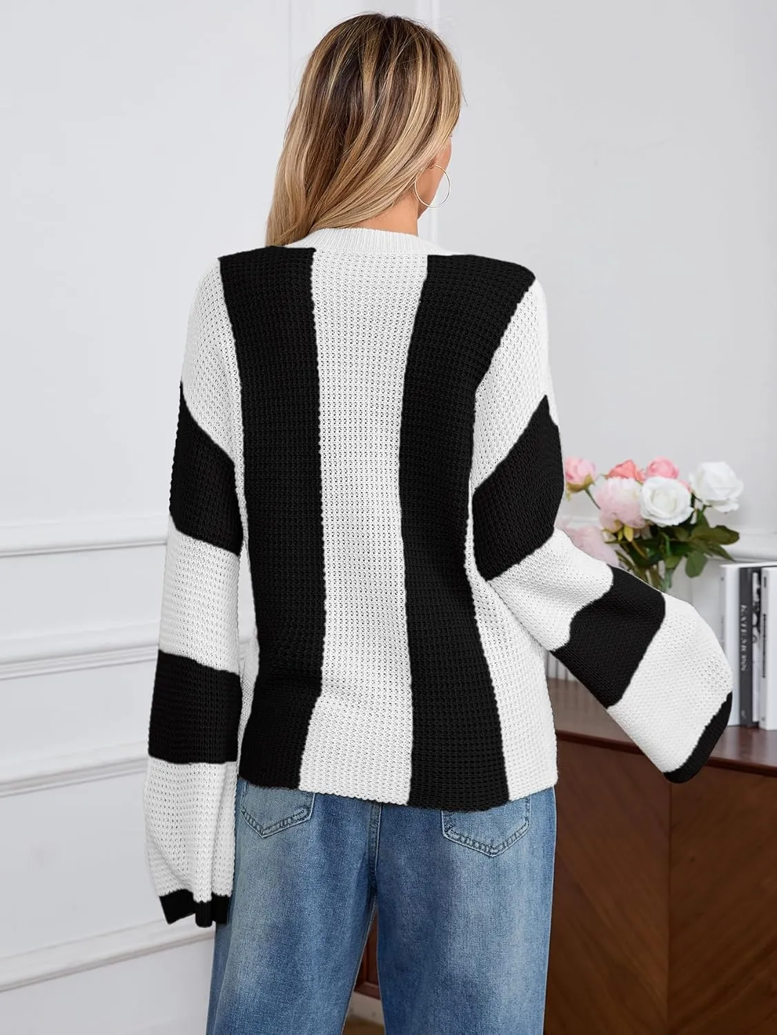 Verdusa Women's Colorblock Drop Shoulder Button Front Bell Sleeve Knitted Cardigan Sweater