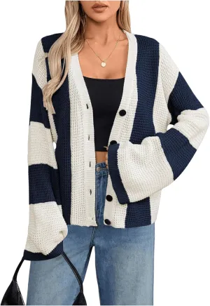 Verdusa Women's Colorblock Drop Shoulder Button Front Bell Sleeve Knitted Cardigan Sweater