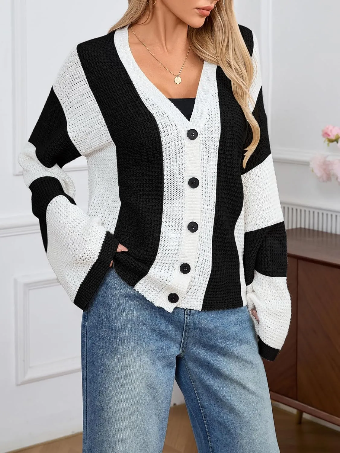 Verdusa Women's Colorblock Drop Shoulder Button Front Bell Sleeve Knitted Cardigan Sweater