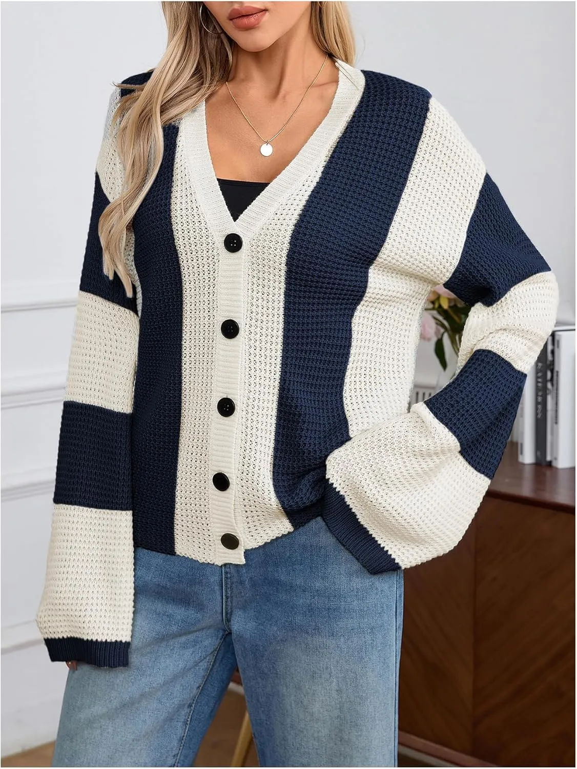 Verdusa Women's Colorblock Drop Shoulder Button Front Bell Sleeve Knitted Cardigan Sweater