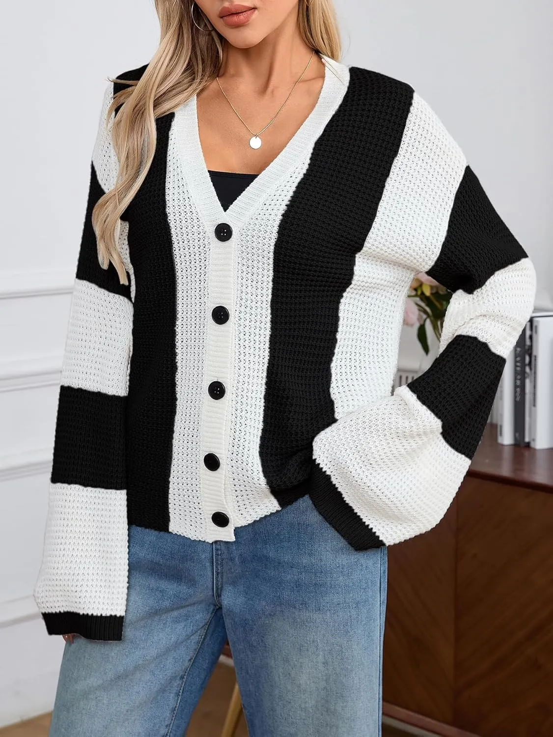 Verdusa Women's Colorblock Drop Shoulder Button Front Bell Sleeve Knitted Cardigan Sweater