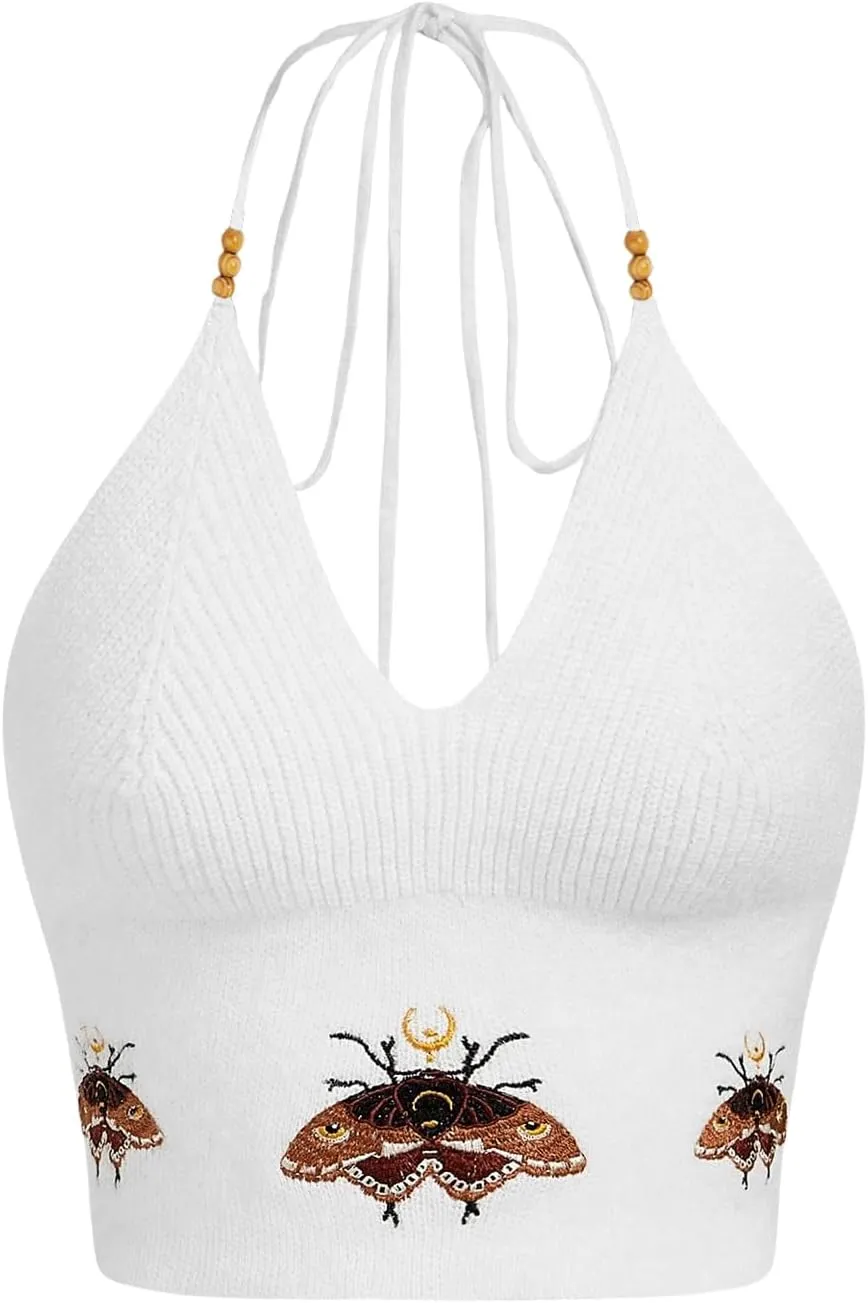 Verdusa Women's Crop Halter Tops Y2k Goth Clothes Crochet Cami Sleeveless Tie Backless Boho Knit Top Camisole