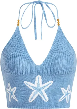 Verdusa Women's Crop Halter Tops Y2k Goth Clothes Crochet Cami Sleeveless Tie Backless Boho Knit Top Camisole