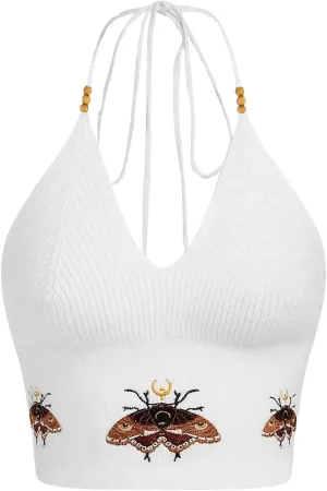 Verdusa Women's Crop Halter Tops Y2k Goth Clothes Crochet Cami Sleeveless Tie Backless Boho Knit Top Camisole