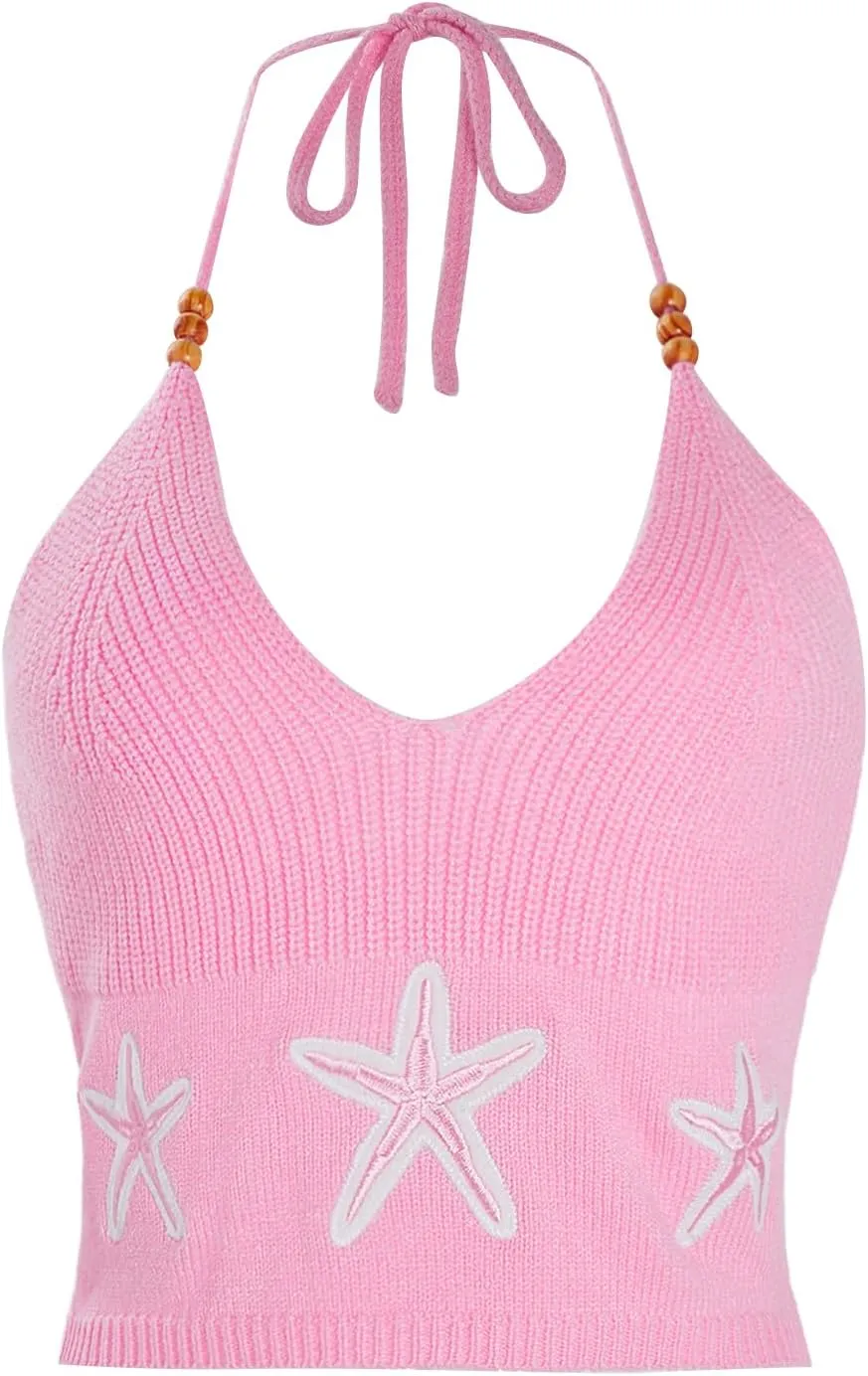 Verdusa Women's Crop Halter Tops Y2k Goth Clothes Crochet Cami Sleeveless Tie Backless Boho Knit Top Camisole