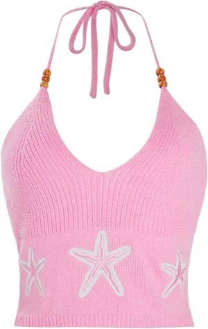 Verdusa Women's Crop Halter Tops Y2k Goth Clothes Crochet Cami Sleeveless Tie Backless Boho Knit Top Camisole