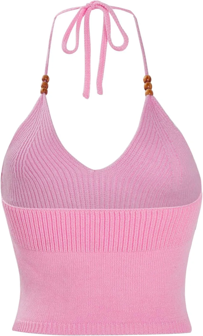 Verdusa Women's Crop Halter Tops Y2k Goth Clothes Crochet Cami Sleeveless Tie Backless Boho Knit Top Camisole