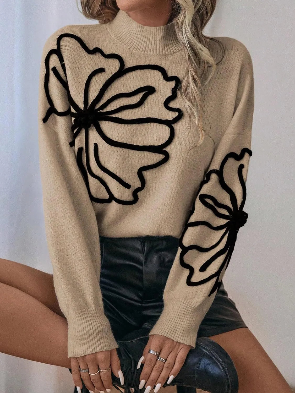 Verdusa Women's Floral Mock Neck Long Sleeve Sweaters Dressy Casual Cute Pullover Knit Sweater Tops