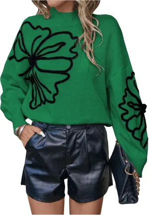 Verdusa Women's Floral Mock Neck Long Sleeve Sweaters Dressy Casual Cute Pullover Knit Sweater Tops