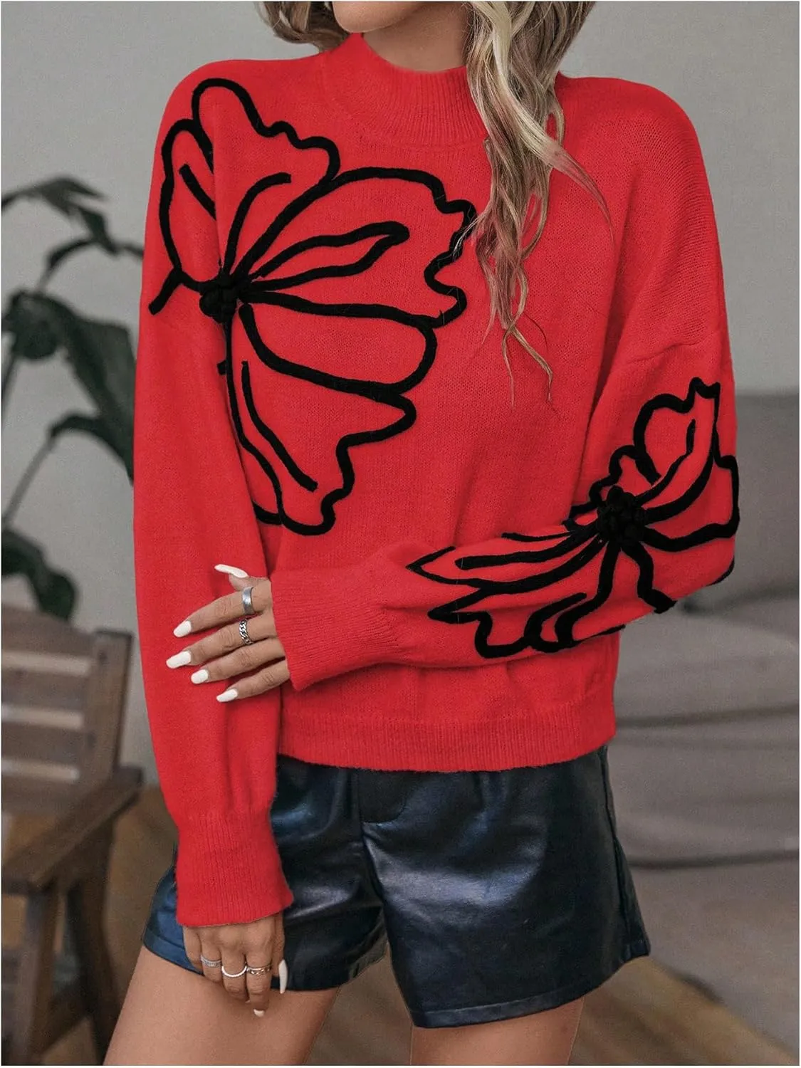 Verdusa Women's Floral Mock Neck Long Sleeve Sweaters Dressy Casual Cute Pullover Knit Sweater Tops