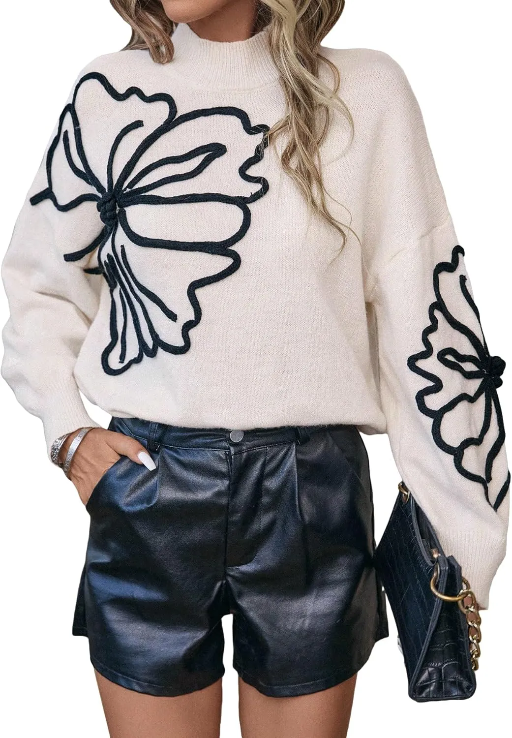 Verdusa Women's Floral Mock Neck Long Sleeve Sweaters Dressy Casual Cute Pullover Knit Sweater Tops