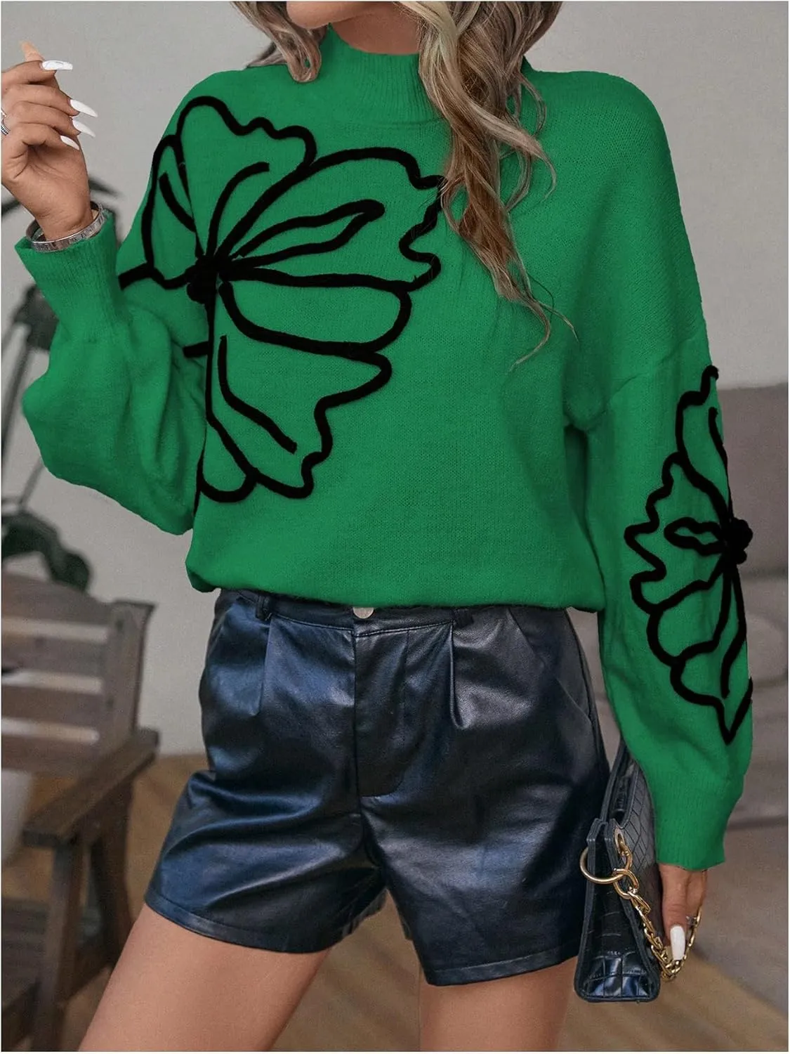 Verdusa Women's Floral Mock Neck Long Sleeve Sweaters Dressy Casual Cute Pullover Knit Sweater Tops