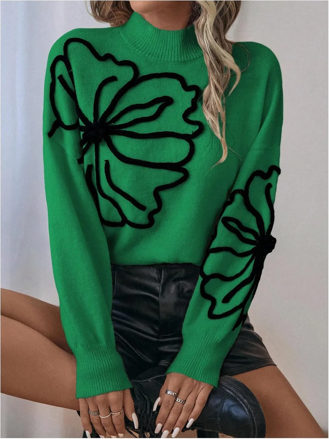 Verdusa Women's Floral Mock Neck Long Sleeve Sweaters Dressy Casual Cute Pullover Knit Sweater Tops