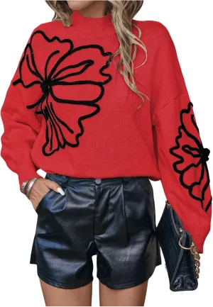 Verdusa Women's Floral Mock Neck Long Sleeve Sweaters Dressy Casual Cute Pullover Knit Sweater Tops