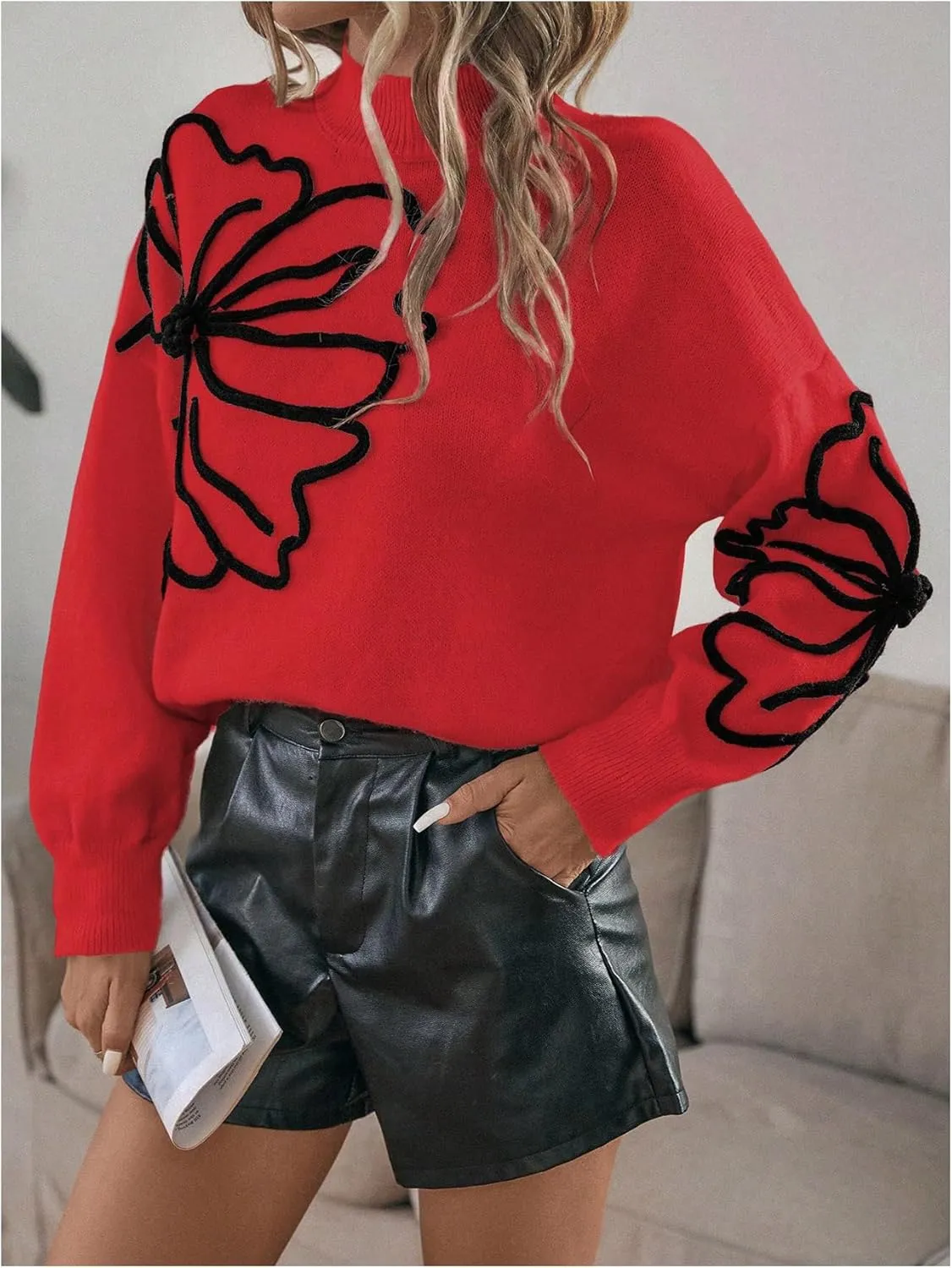 Verdusa Women's Floral Mock Neck Long Sleeve Sweaters Dressy Casual Cute Pullover Knit Sweater Tops