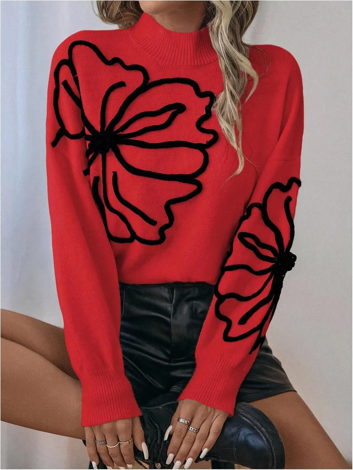Verdusa Women's Floral Mock Neck Long Sleeve Sweaters Dressy Casual Cute Pullover Knit Sweater Tops
