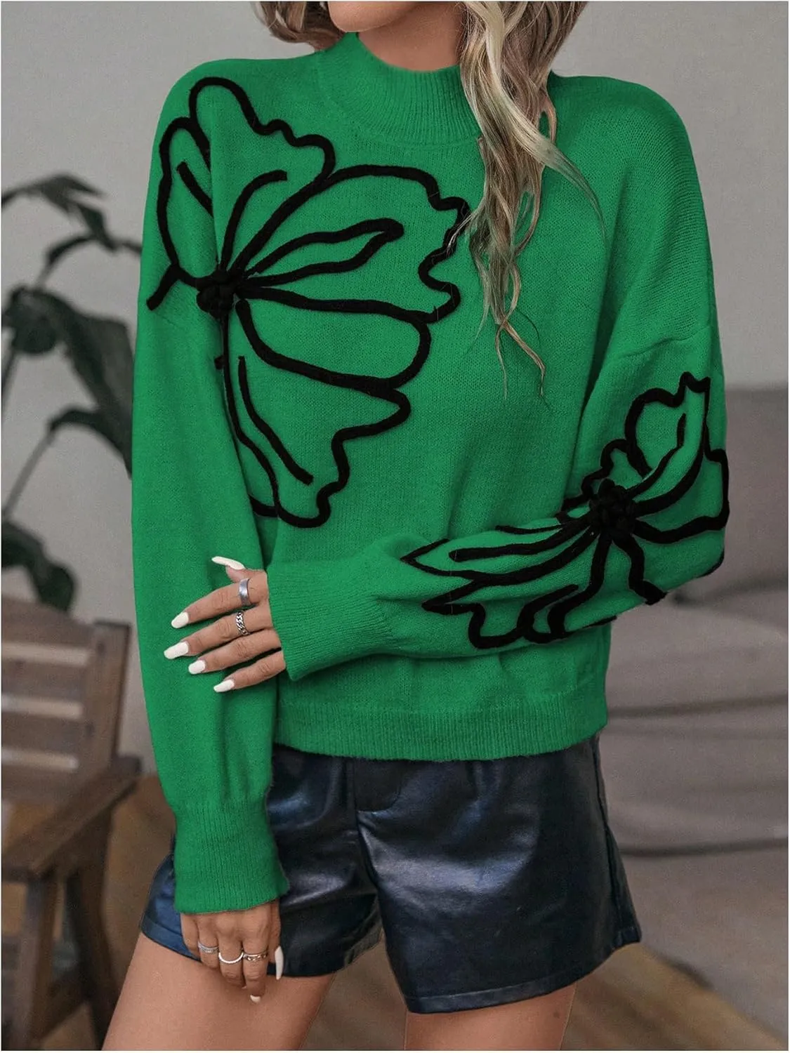 Verdusa Women's Floral Mock Neck Long Sleeve Sweaters Dressy Casual Cute Pullover Knit Sweater Tops